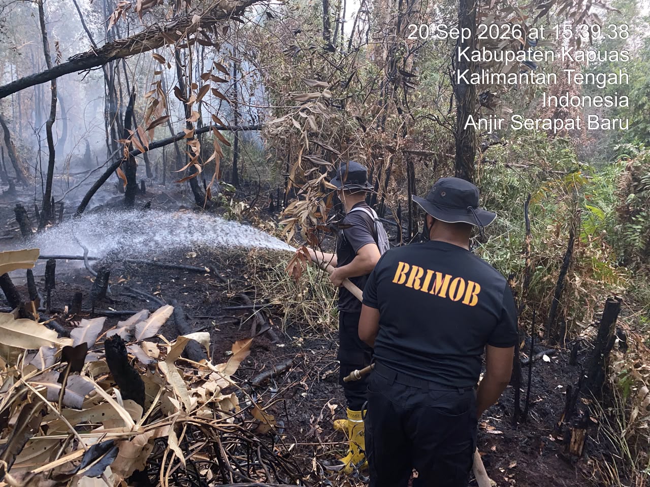 Brimob Kalteng Lakukan Pemadaman dan Pembasahan Karhutla di Anjir Serapat Baru