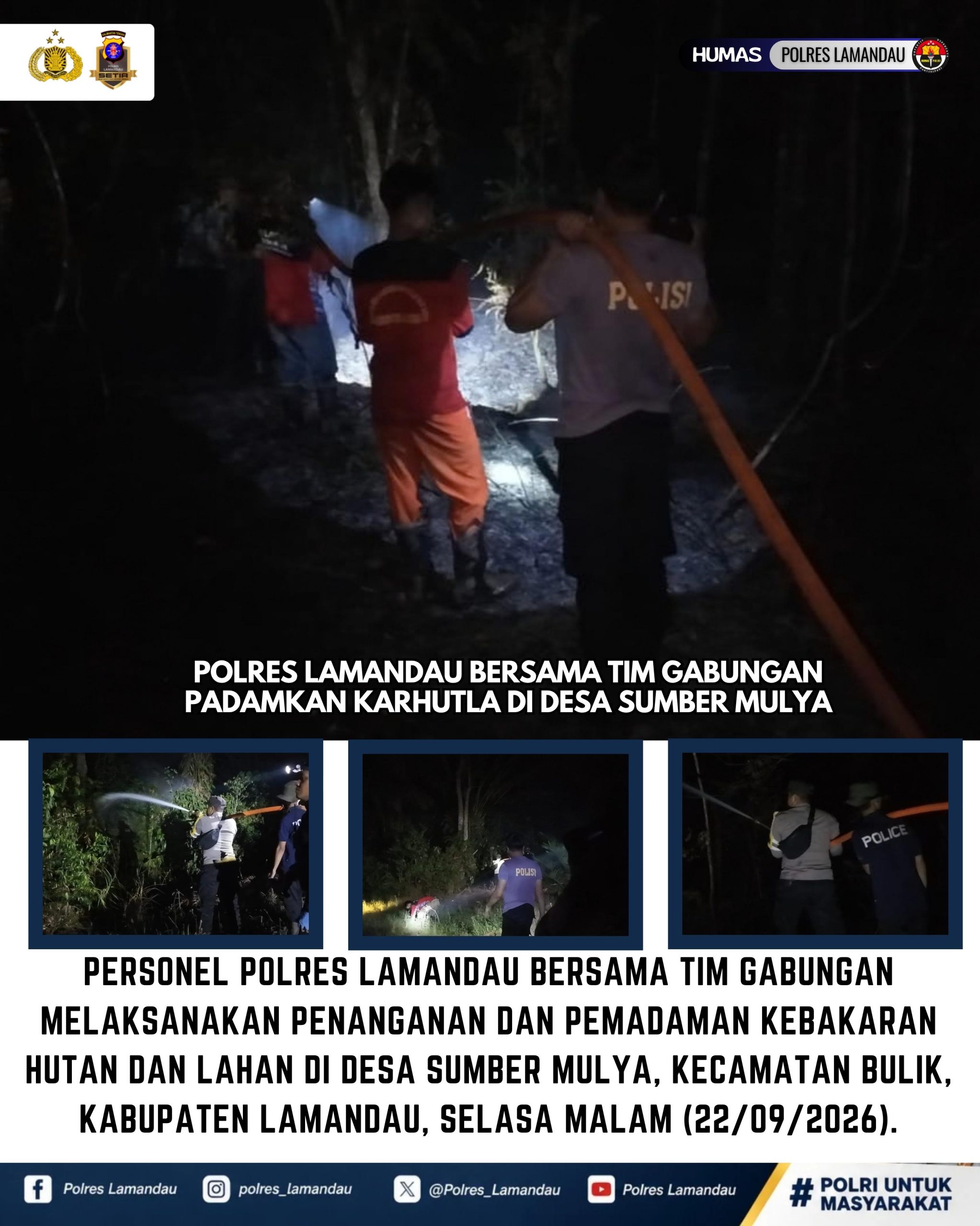 Polres Lamandau Bersama Tim Gabungan Padamkan Karhutla di Desa Sumber Mulya