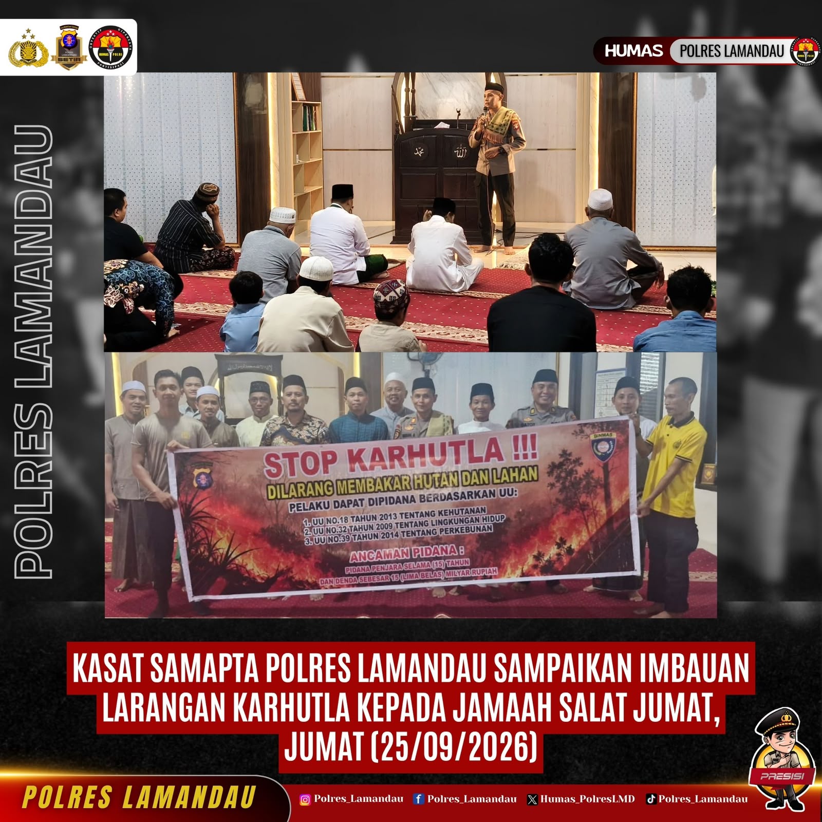 Kasat Samapta Polres Lamandau Sampaikan Imbauan Larangan Karhutla kepada Jamaah Salat Jumat