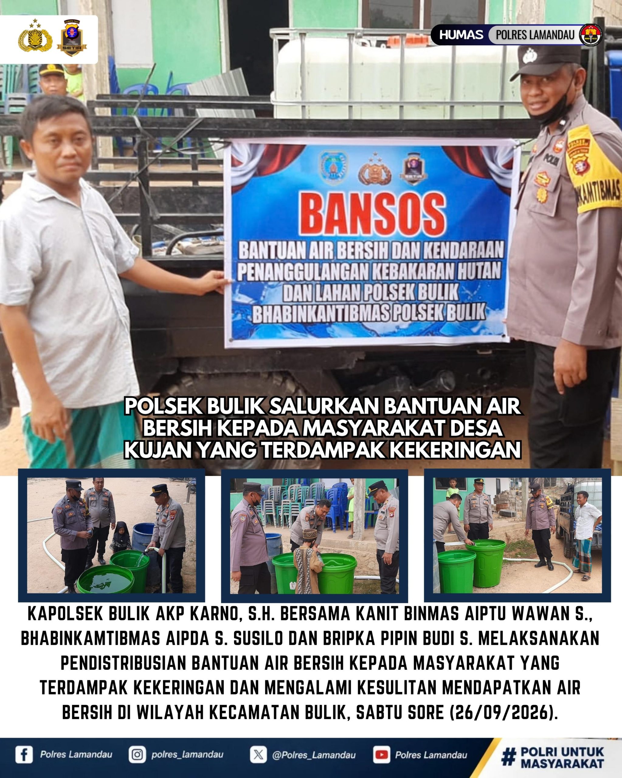 Polsek Bulik Salurkan Bantuan Air Bersih kepada Masyarakat Terdampak Kekeringan