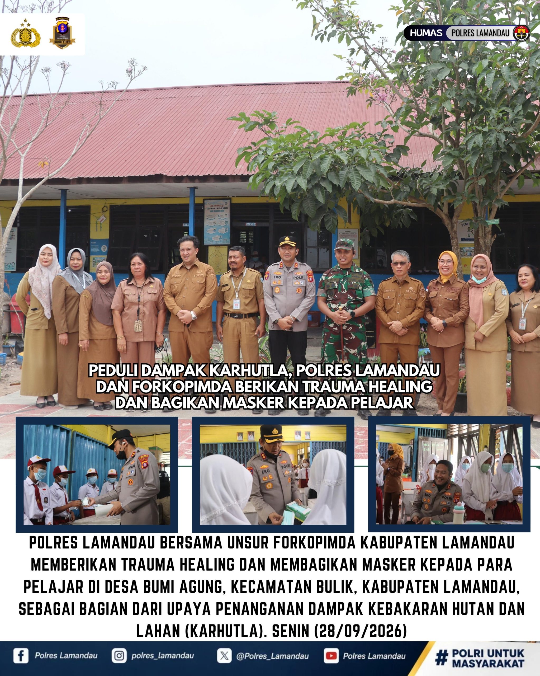 Peduli Dampak Karhutla, Polres Lamandau dan Forkopimda Berikan Trauma Healing dan Bagikan Masker kepada Pelajar