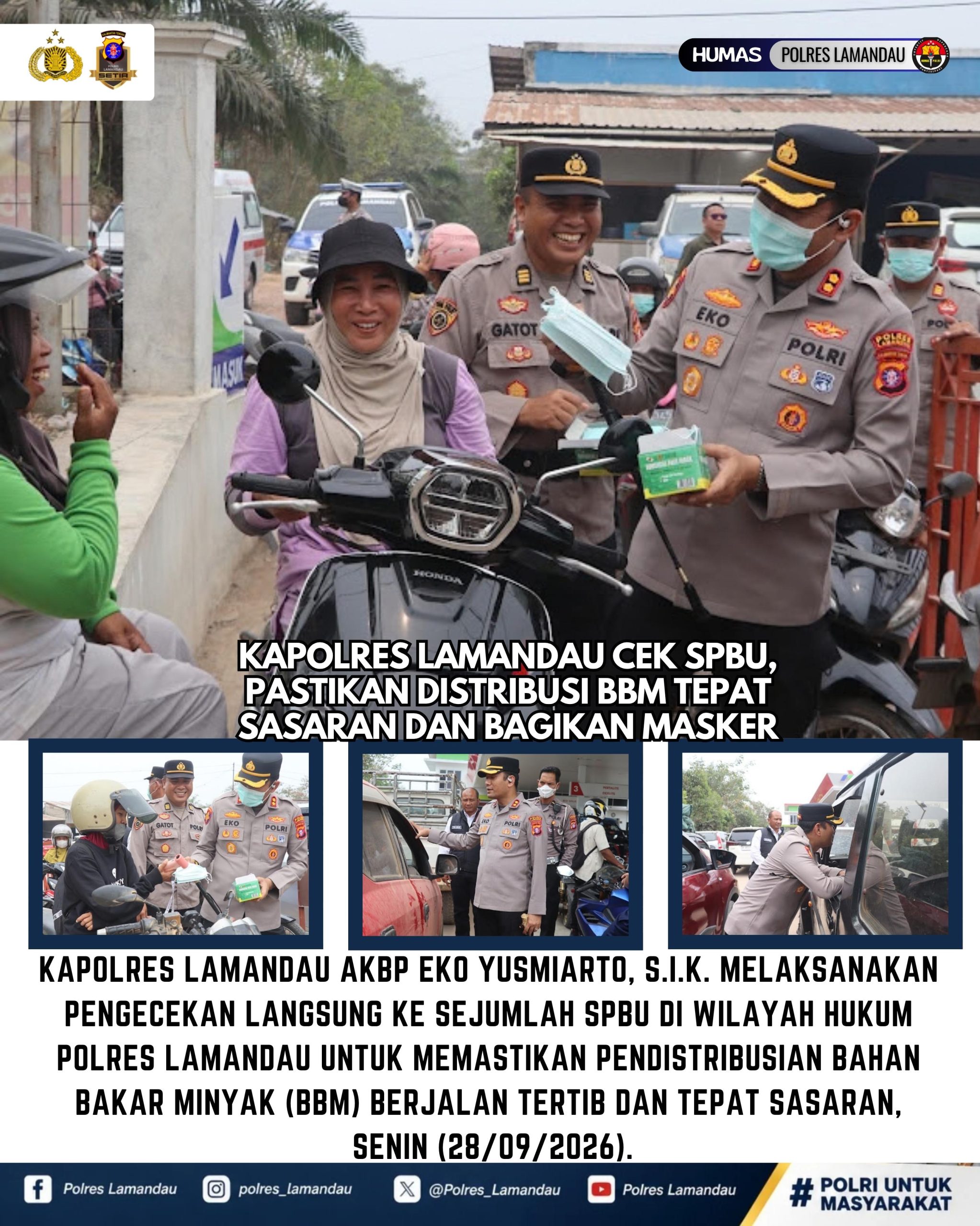 Kapolres Lamandau Cek SPBU, Pastikan Distribusi BBM Tepat Sasaran dan Bagikan Masker