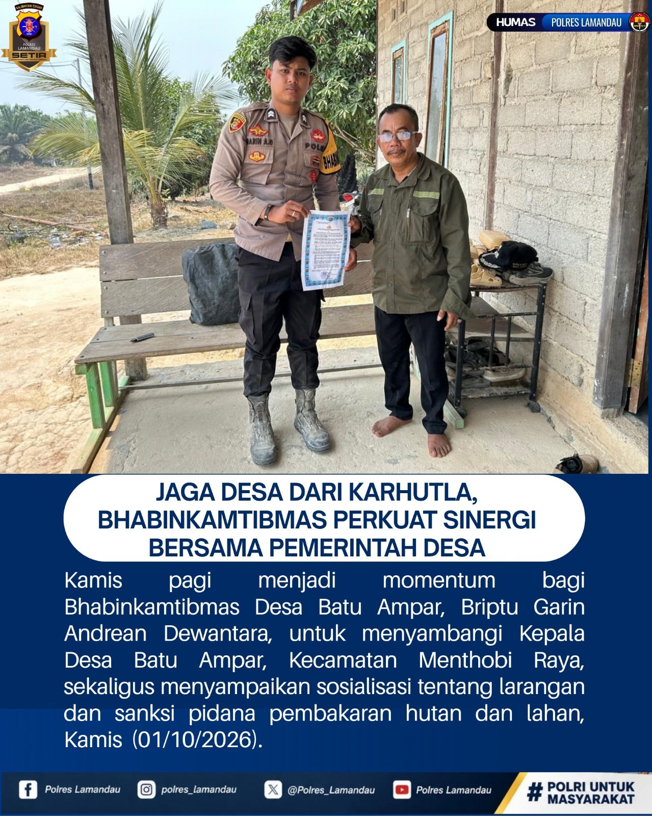 Jaga Desa dari Karhutla, Bhabinkamtibmas Perkuat Sinergi Bersama Pemerintah Desa