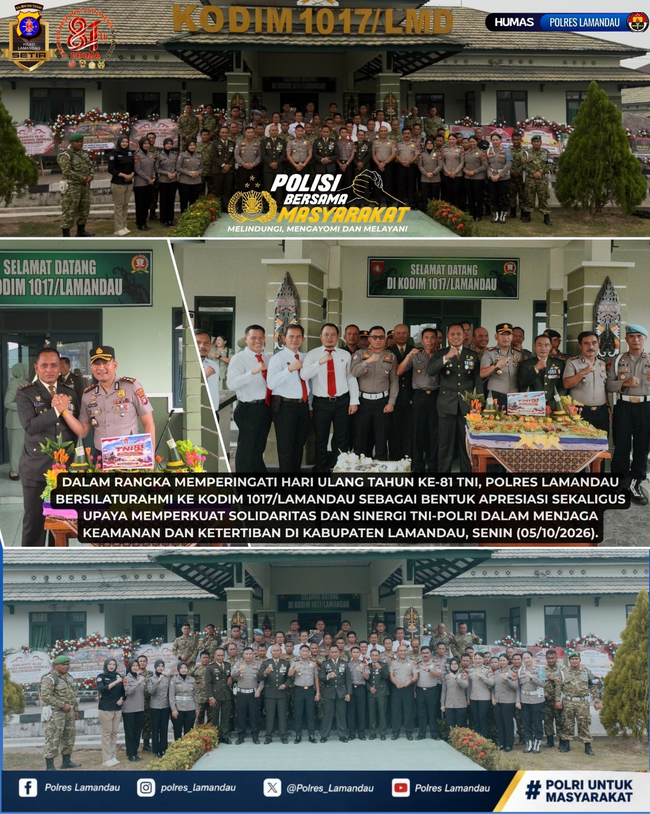HUT ke-81 TNI, Polres Lamandau Perkuat Solidaritas dan Sinergi Bersama Kodim