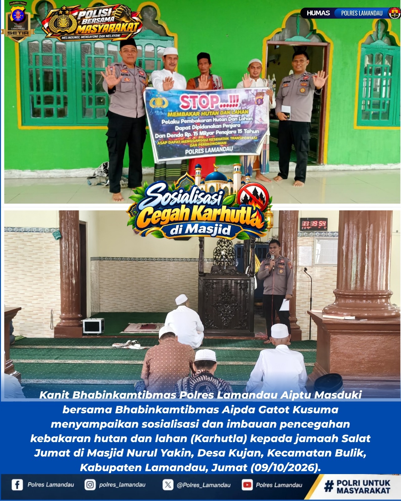 Lewat Mimbar Jumat, Polres Lamandau Ajak Jamaah Masjid Nurul Yakin Cegah Karhutla